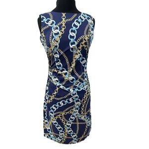 J.McLaughlin Navy Blue Gold Chain Link Print Ruched Sheath Dress Womens Medium